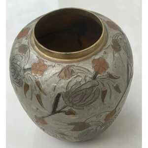 Penco Industries Vintage Brass Cloisonne Enamel Vase Hand Painted Floral Jar